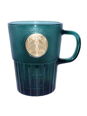 Starbucks Dark Green Goddess Coin heavier weight glass mug 400ml, 13.5 oz New